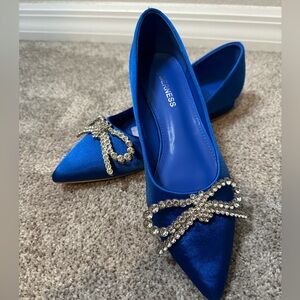 Blue Satin Flats with Rhinestone Bow